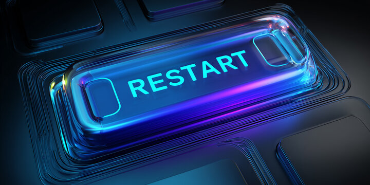 blue glowing restart button on metallic background, neon power restart switch technology concept, futuristic blue reboot button