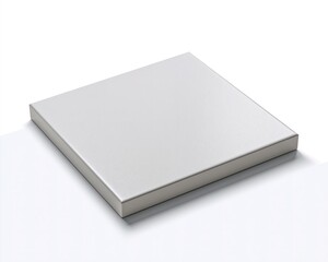 Fototapeta premium Square, metallic object with smooth surface, casting subtle shadow against white backdrop.