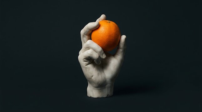 White marble hand sculpture holding fresh orange fruit on dark background