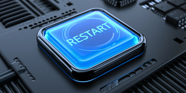 blue glowing restart button on metallic background, neon power restart switch technology concept, futuristic blue reboot button