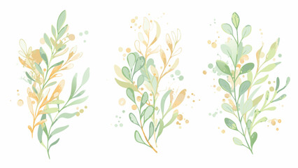 Fototapeta premium Watercolor Plant Illustrations With Delicate Leaves And Soft Yellow Accents