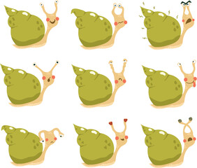 Cute cartoon snail characters with different facial expressions and emotions set, vector illustration © Alla Dorofieieva