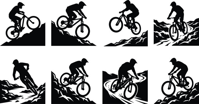 Mountain Bike Rider Silhouette Set Showing Extreme Downhill and Trail Cycling Action Poses