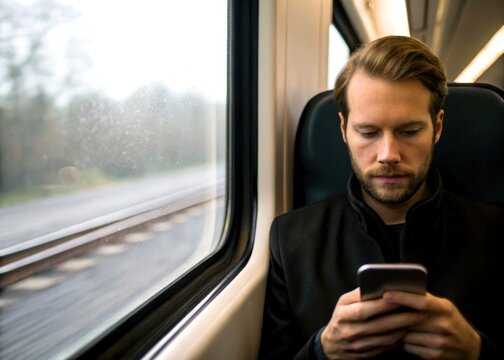 Daily train commuter concept. Man sitting on a train looking at his smartphone during daytime travel.