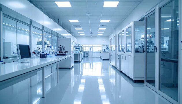 Contemporary research lab interior with glass partitions and benches.