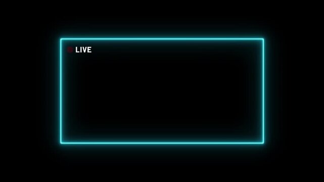 A vibrant cyan neon rectangle frames a black area with a small red circle and the word LIVE in white text in the top left corner, indicating a live broadcast or streaming event Keywords: live