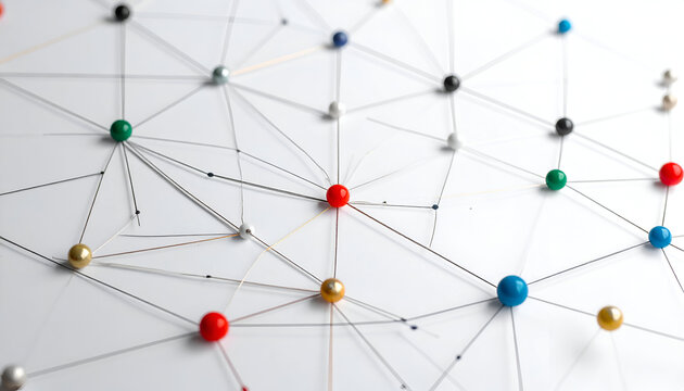Colorful pushpins connected by string, forming network against a white background