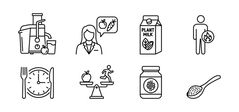 Nutrition healthy diet food wellness icon line outline set black line icon set showing nutrition and healthy lifestyle elements including juicer dietitian plant milk carton meal time calorie