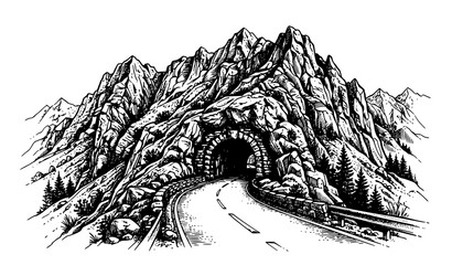 Obraz premium Rugged mountain tunnel hand drawn ink sketch vector landscape illustration