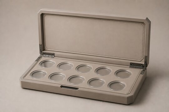 An open rectangular beige leather box with ten circular indentations for storage, isolated on a neutral light gray background, studio product shot