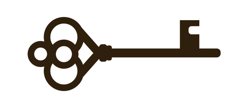 Antique skeleton key silhouette flat style brown graphic.