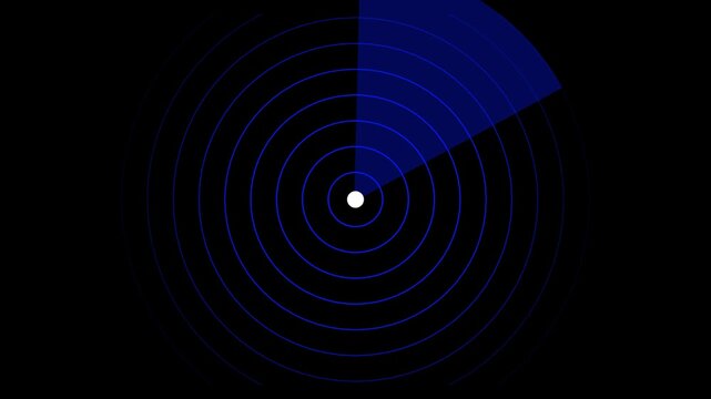 A dark background is illuminated by concentric blue circles emanating from a central white dot, with a shaded blue sector indicating a directional sweep or radar scan