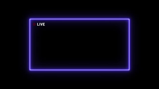 A glowing electric blue rectangular frame with a small red live indicator in the upper left corner against a dark black background