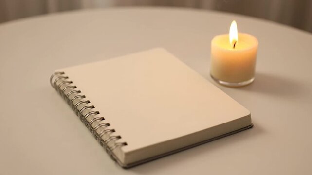 Blank spiral notebook lies on a table near a lit candle