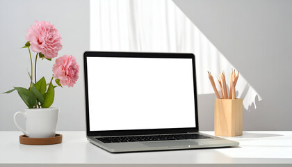 Fototapeta premium Laptop with blank screen, pink flowers, pencils on white desk, lit by window light