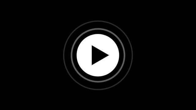 A stark black background with a central white circular play button icon featuring a black triangle pointing to the right, surrounded by two concentric grey rings that appear to be pulsing or