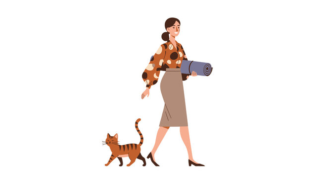 Woman carrying multiple cats in her arms and walking.