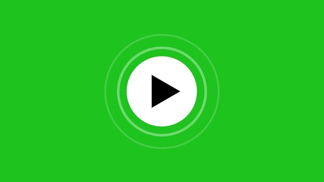 A vibrant green background serves as the backdrop for a central white circular play button icon with a black triangle pointing right, encircled by two subtle concentric grey rings, evoking a sense