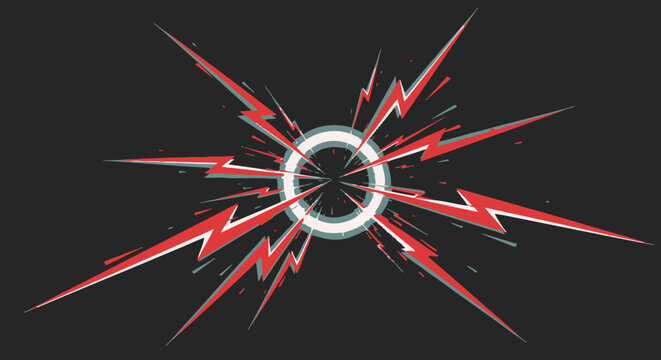 Glowing white circle with red lightning bolts on black background