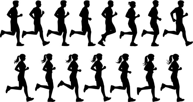 Running men and women, isolated vector silhouettes. Run, side view. Silhouettes of athletic looking male and female runners running. Transparent EPS version.