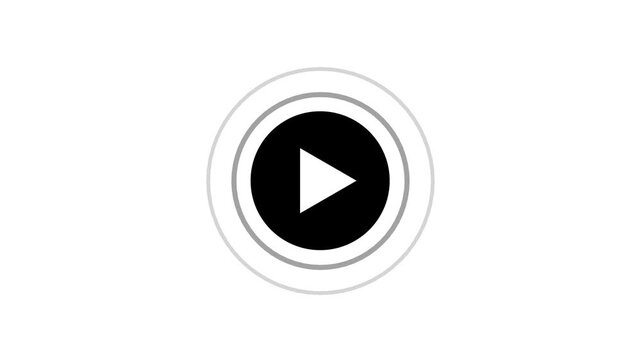 A clean white background showcases a black circular play button icon with a white triangle pointing right, framed by two subtle concentric grey rings, presenting a clear and versatile graphic