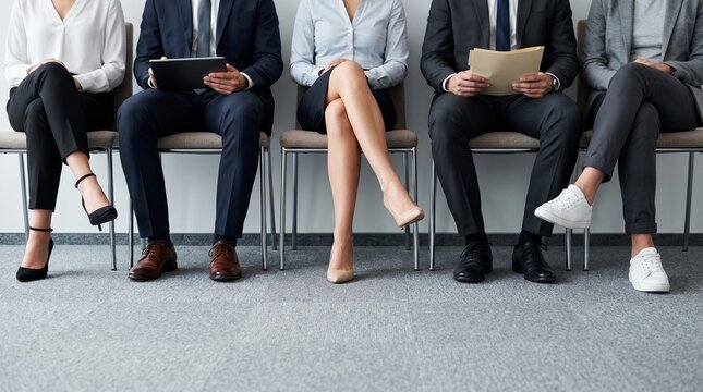 A group of diverse job candidates waiting in a row for their interviews