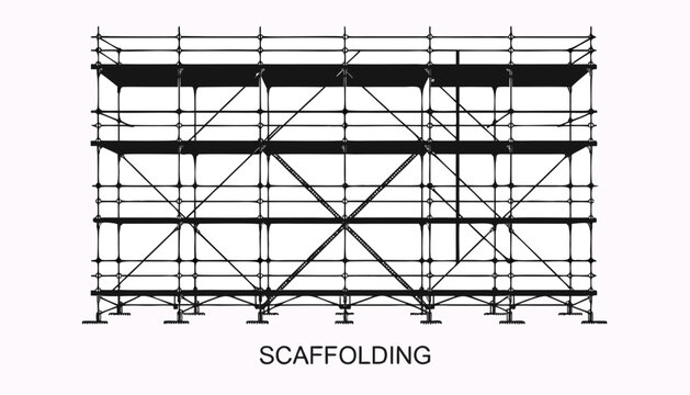 Very beautiful black and white vector illustration of SCAFFOLDING with detailed metal framework and structural engineering design, isolated on white background, with the label "SCAFFOLDING" displayed 