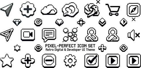 Fototapeta premium Retro Pixel Style UI Icons Collection – Clean Minimal App Symbols, Digital Interface Elements Pack 