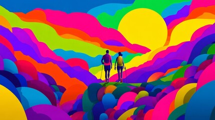 Fototapeta premium A vibrant and colorful landscape showcases two figures standing together. The bold hues create an eye-catching scene. Perfect for art projects or creative use.