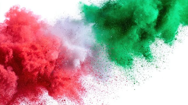 Red and green powder explosion on white background