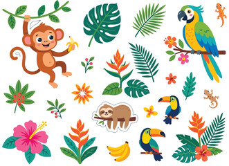 Fototapeta premium Tropical jungle animals and plants sticker set, monkey sloth toucan parrot lizards and exotic flowers on transparent background.
