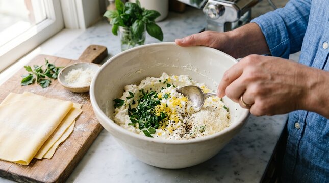 Italian cheese filling preparation, Ricotta herb bowl close up, Pasta dough kitchen flat lay, Fresh stuffing ingredient scene, Clean food photo