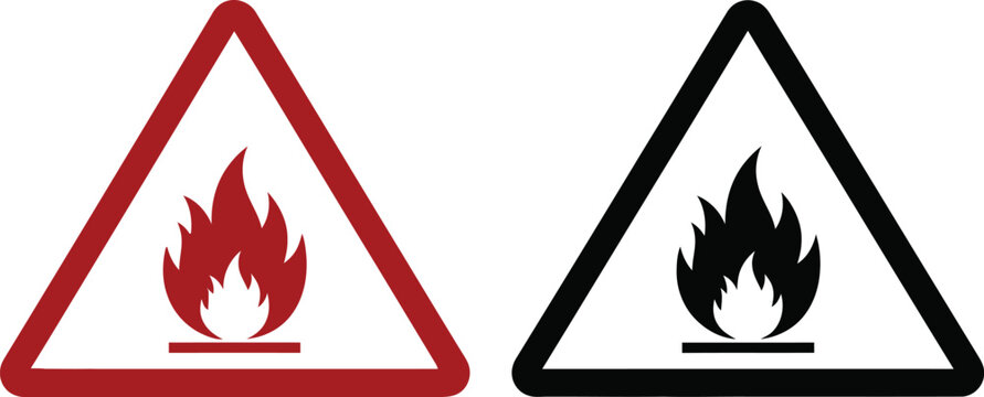Flammable material warning signs red and black triangular hazard symbols with fire icon