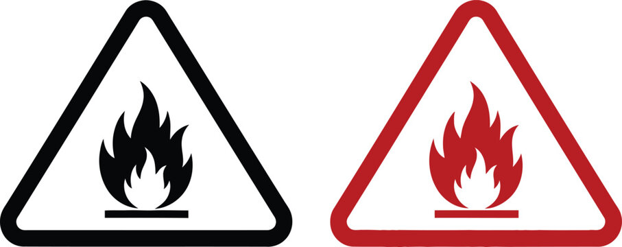 Flammable material warning signs red and black triangular hazard symbols with fire icon