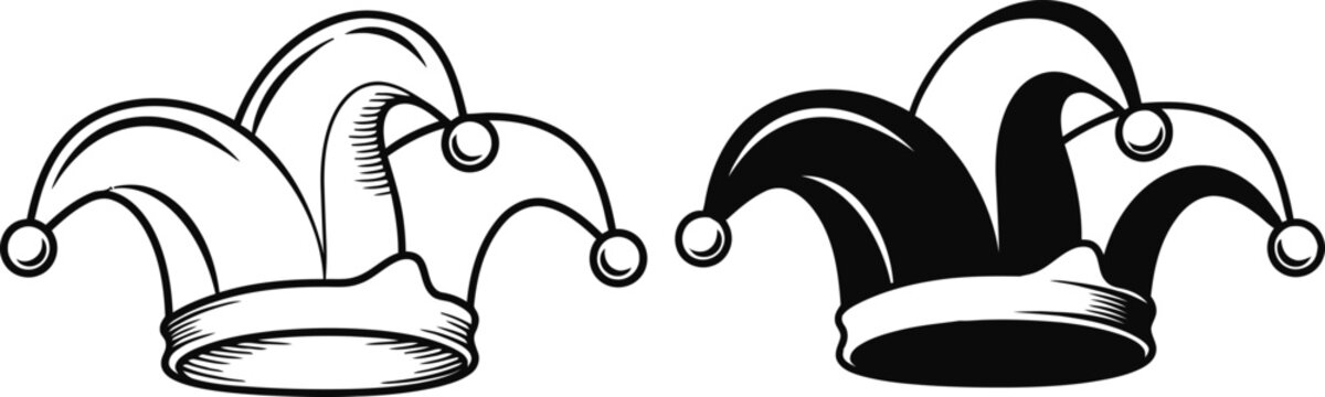 Vintage style illustration of two jester hats black and white isolated on a white background whimsical design element