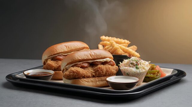 Chicken burger, meal and fries on tray for lunch, restaurant menu and dinner advertisement. Fast food, sandwich and coleslaw with dipping sauce, steaming hot snack for hunger, tasty and delicious