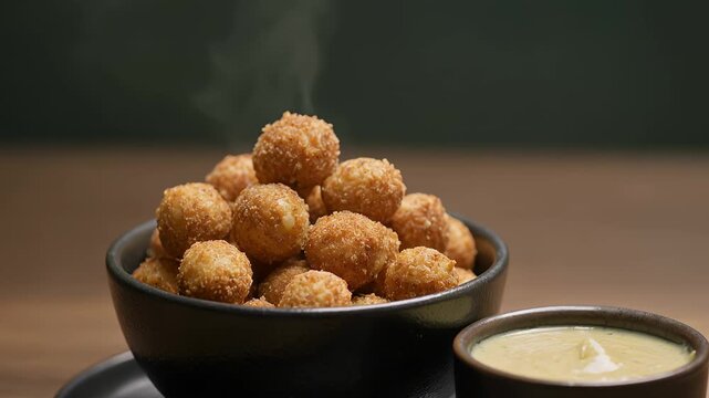 Fried cheese balls, appetizer and dipping sauce in a bowl with steam for restaurant menu, food delivery and catering. Hot snacks, mozzarella bites and breaded croquettes on a wooden table for lunch