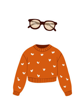 Eyeglasses and knitted sweater cozy autumn set hand drawn illustration isolated on transparent background