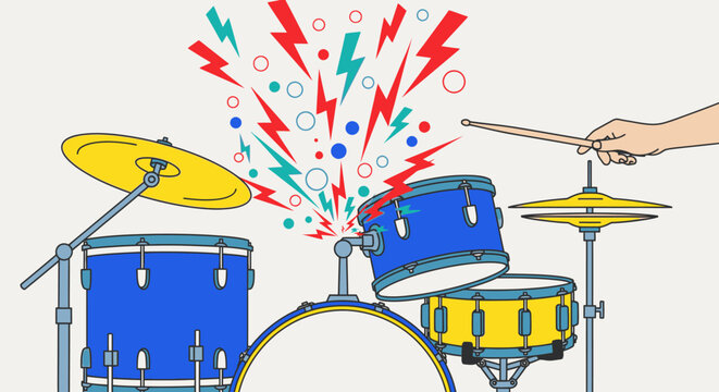 drum set with colorful explosion of music notes and cymbal