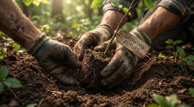 adult hands planting trees in the ground, in a land reforestation movement 