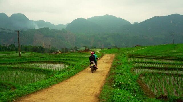 Motorcycle riding on a scenic dirt road through lush green terraced rice fields in the rural landscape of Pu Luong, Vietnam
