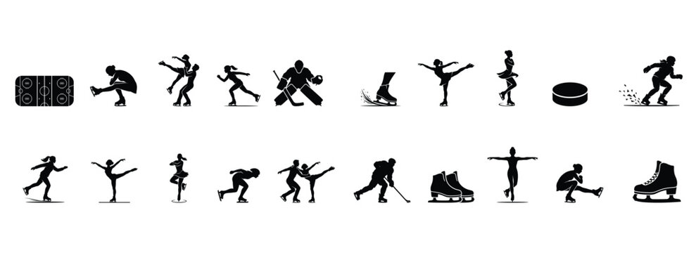 Ice Skating and Ice Hockey Silhouette Icon Collection Winter Sports Vector Set