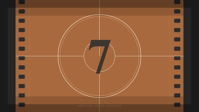 Vintage film leader countdown from 10 to 0 with sepia brown color and PICTURE START text on flickering reel with scratches and dust for movie intro.