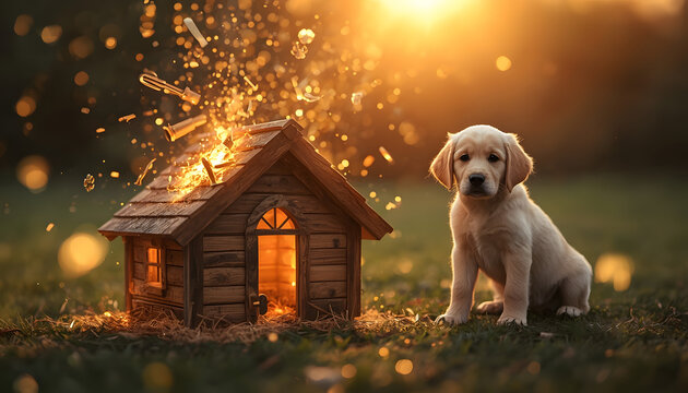 American Man Repairing Dog House During Dog House Repair Month in Backyard USA Pet Care Home Improvement