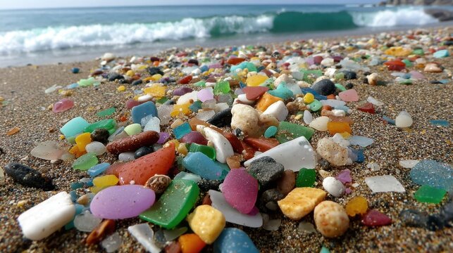 Colorful Sea Glass on a Sandy Beach with Ocean Waves in the Background