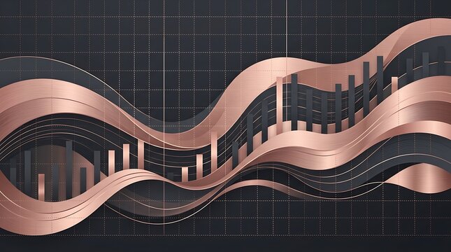 Abstract financial data visualization with rose gold waves on grid