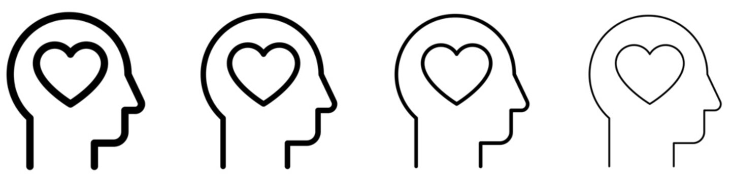 Set of person with heart icons, symbols for emotional intelligence, love, feelings, preferences, and psychology. Vector illustration