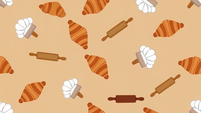 Croissants and rolling pins are arranged on a kitchen countertop surface
