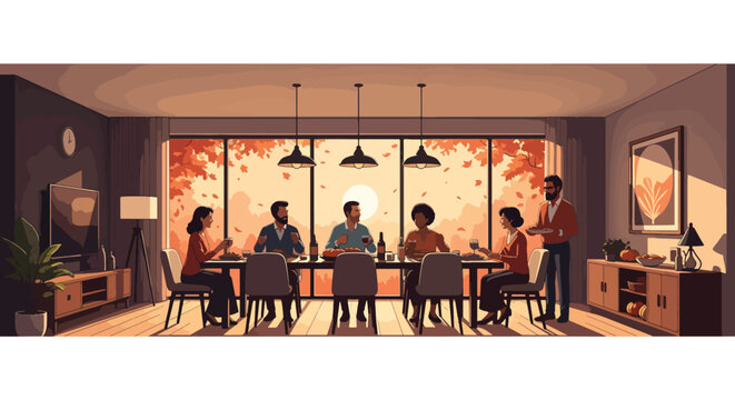 Illustration of a diverse group of adults sitting and standing around a table in a modern living room with warm lighting and autumnal decor.