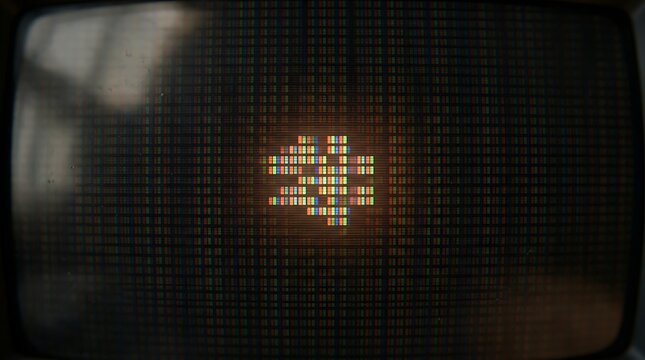Vintage cathode ray tube television screen with glowing pixels